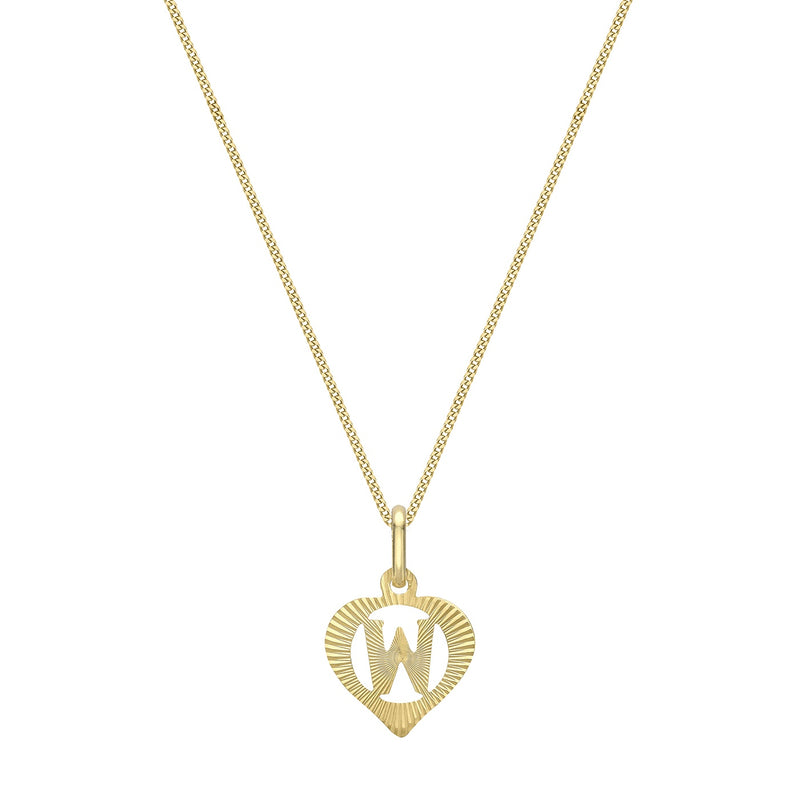 9ct Yellow Gold Diamond Cut Heart Initial W Pendant