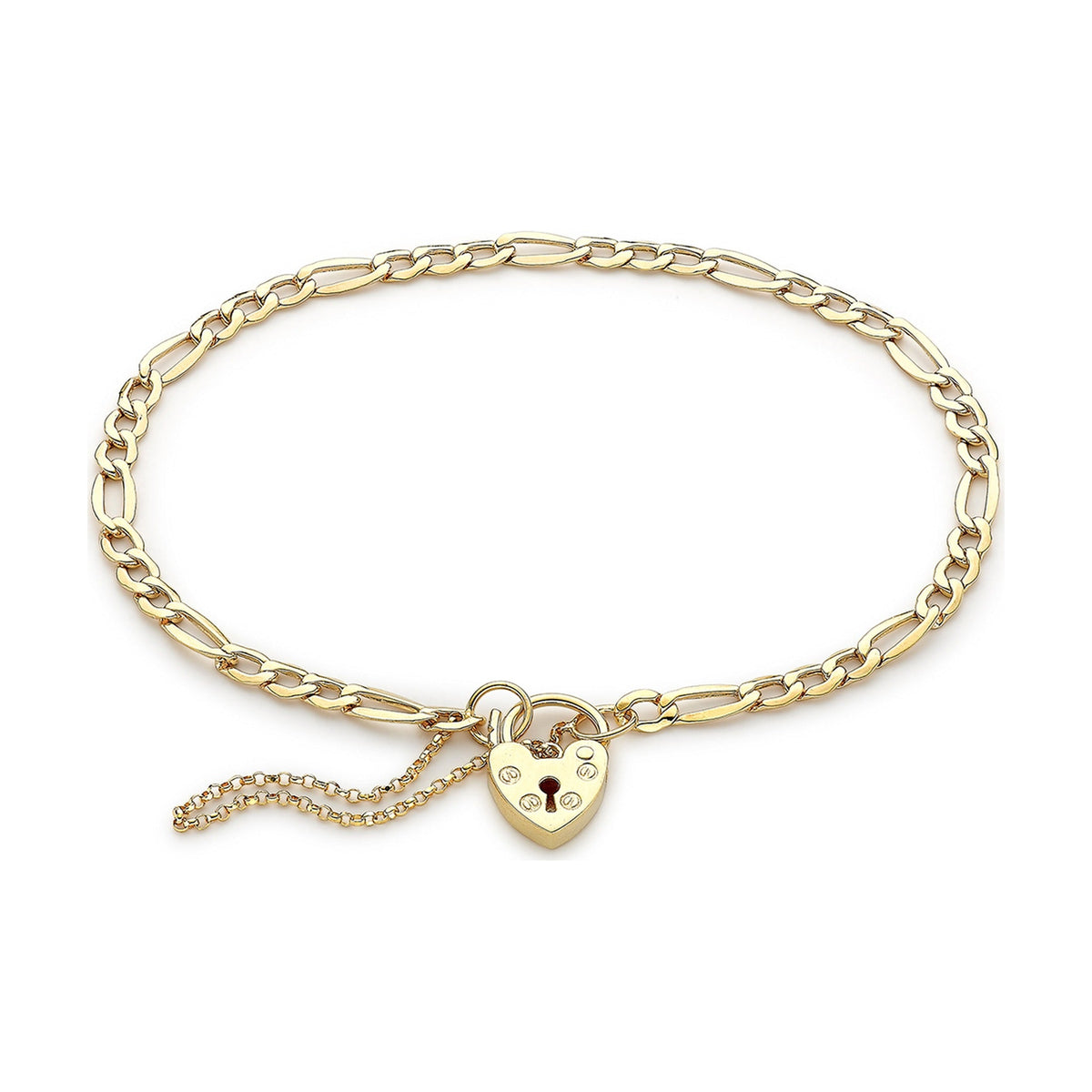 9ct Yellow Gold Figaro Bracelet with Heart Padlock — 3.5mm