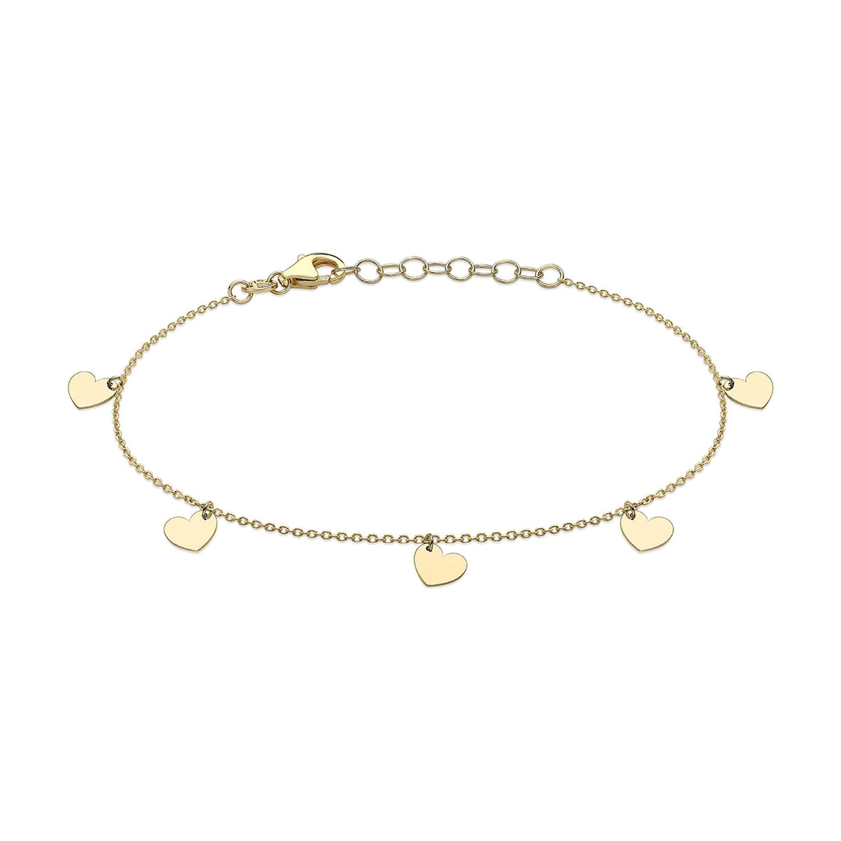 9ct Yellow Gold Five Hanging Hearts Bracelet