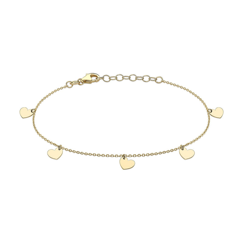 9ct Yellow Gold Five Hanging Hearts Bracelet