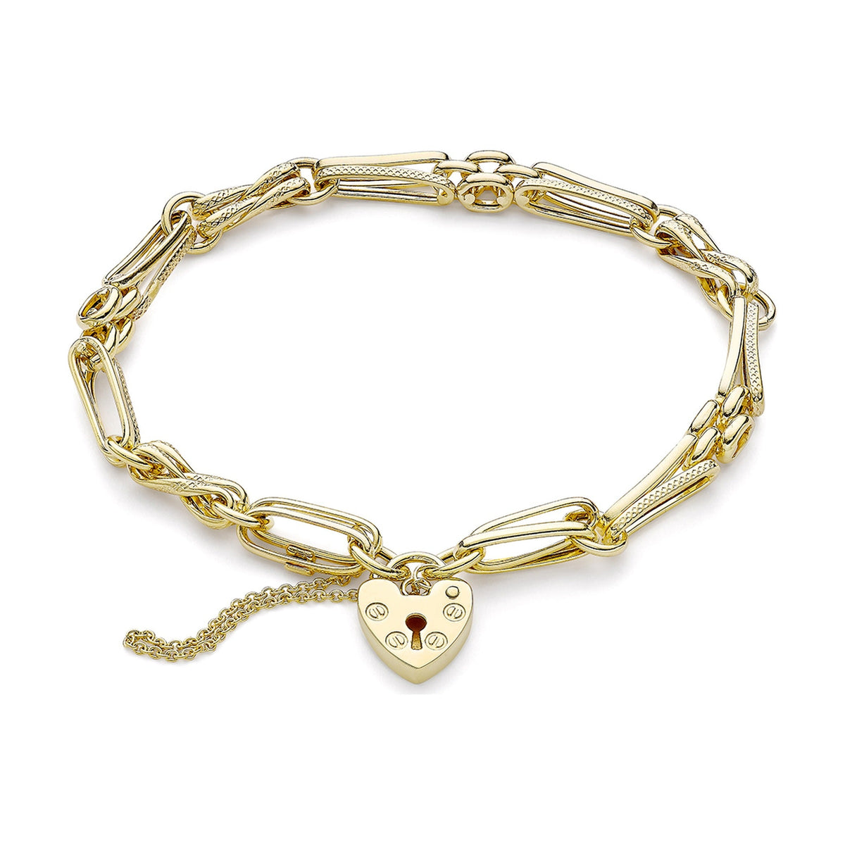 9ct Yellow Gold Gate Link Bracelet with Heart Padlock — 6.5mm