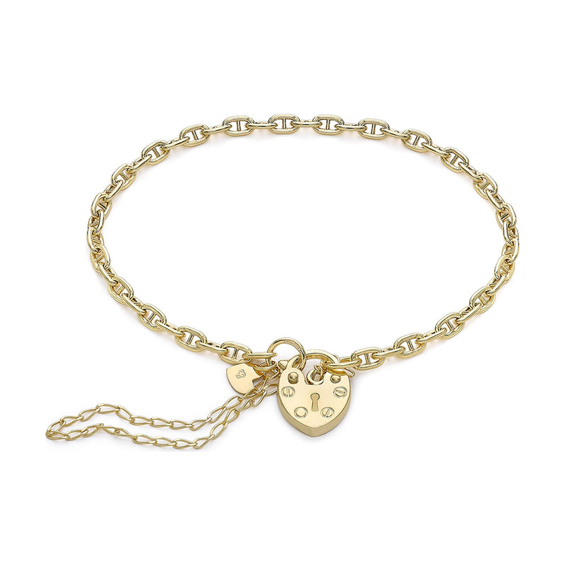 9ct Yellow Gold Mariner Link Bracelet with Heart Padlock — 3mm