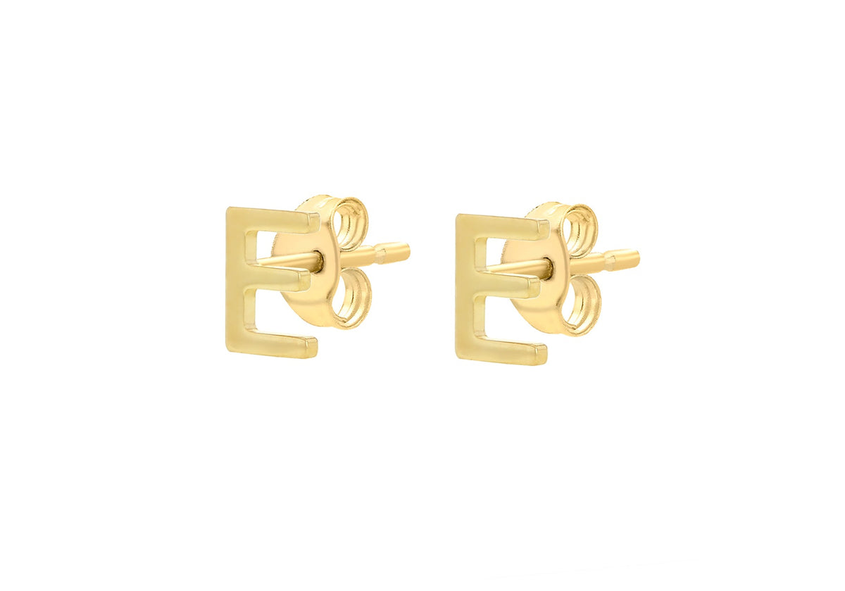 9ct Yellow Gold Mini Initial E Stud Earrings — side