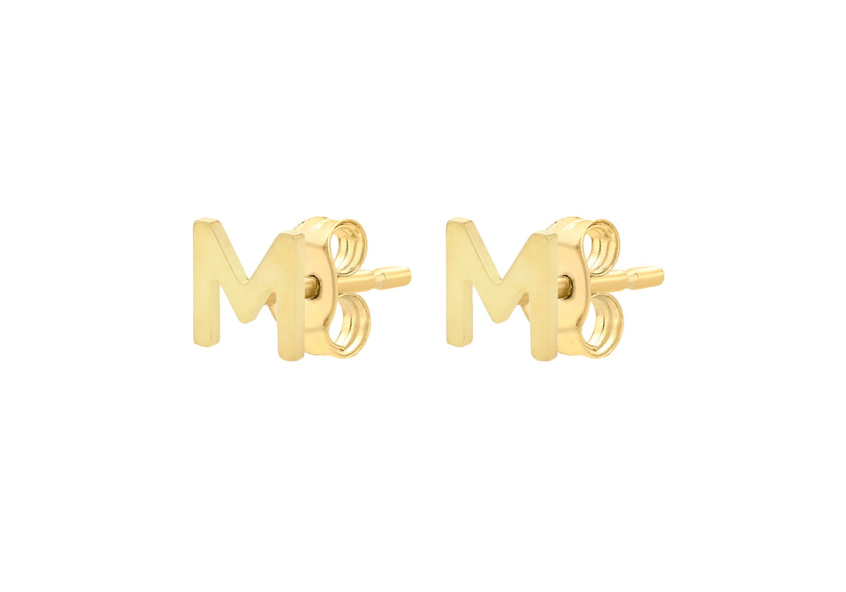9ct Yellow Gold Mini Initial M Stud Earrings — side