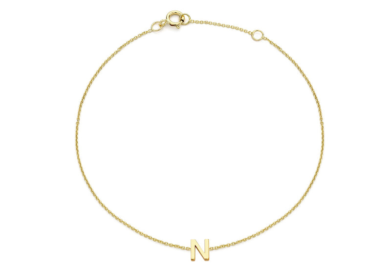 9ct Yellow Gold Mini Initial N Adjustable Bracelet