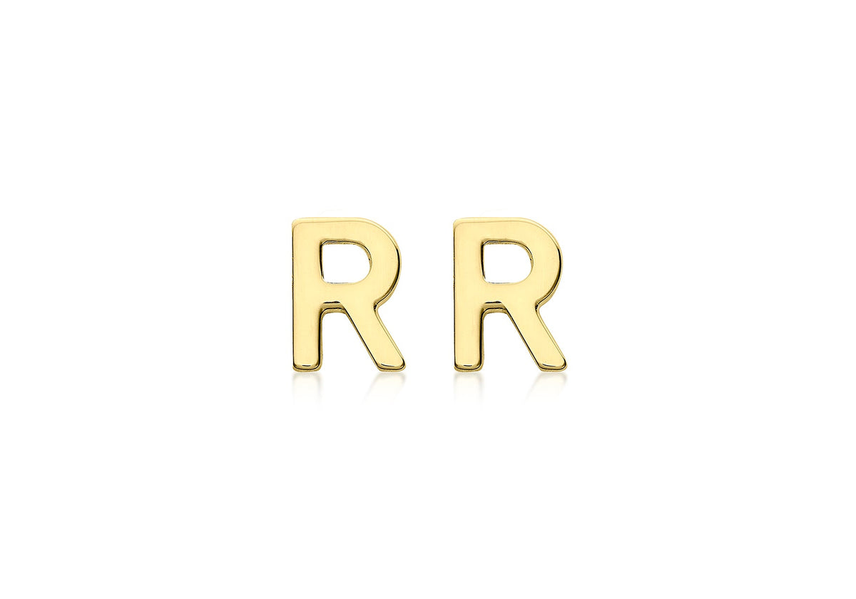 9ct Yellow Gold Mini Initial R Stud Earrings