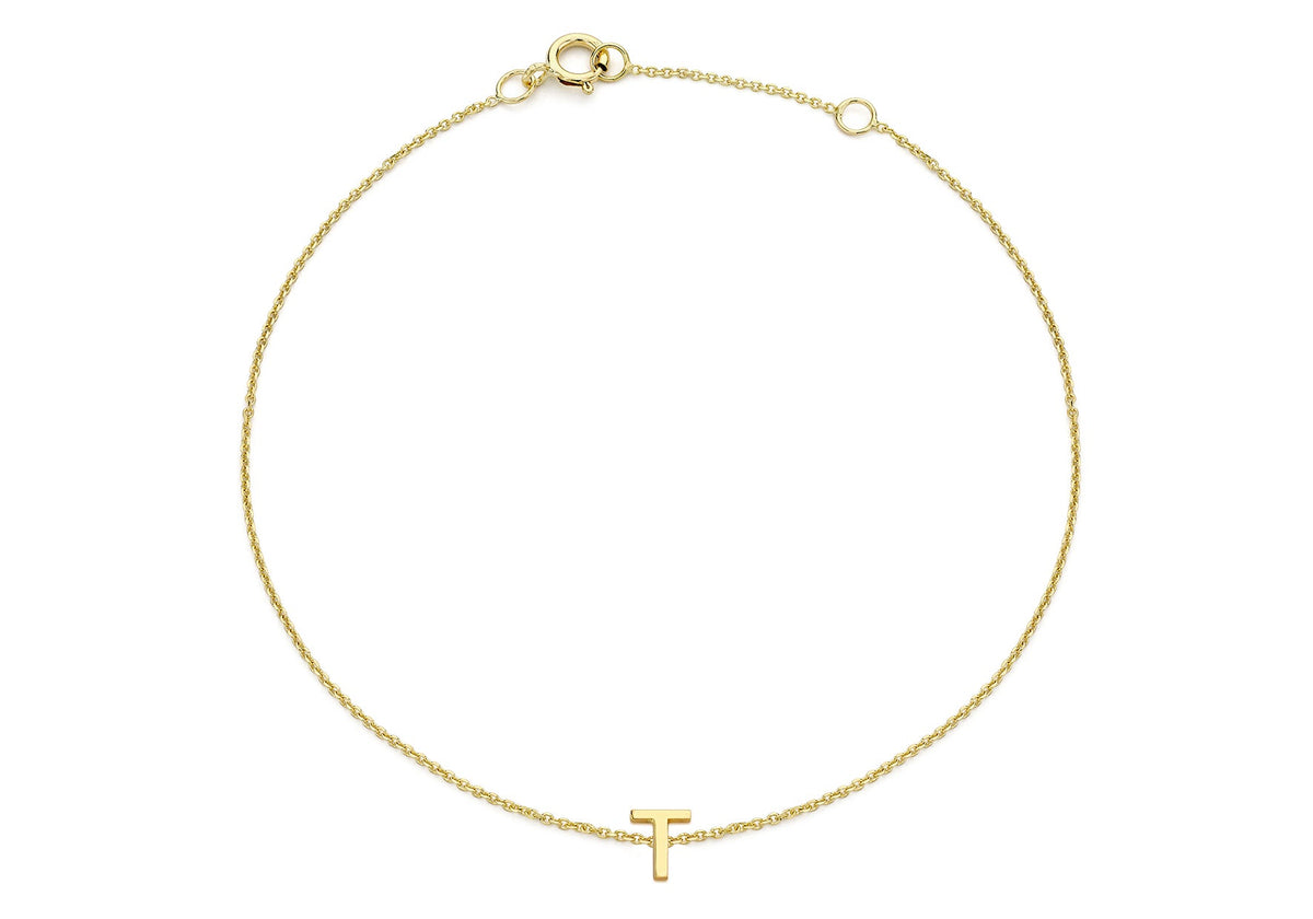 9ct Yellow Gold Mini Initial T Adjustable Bracelet