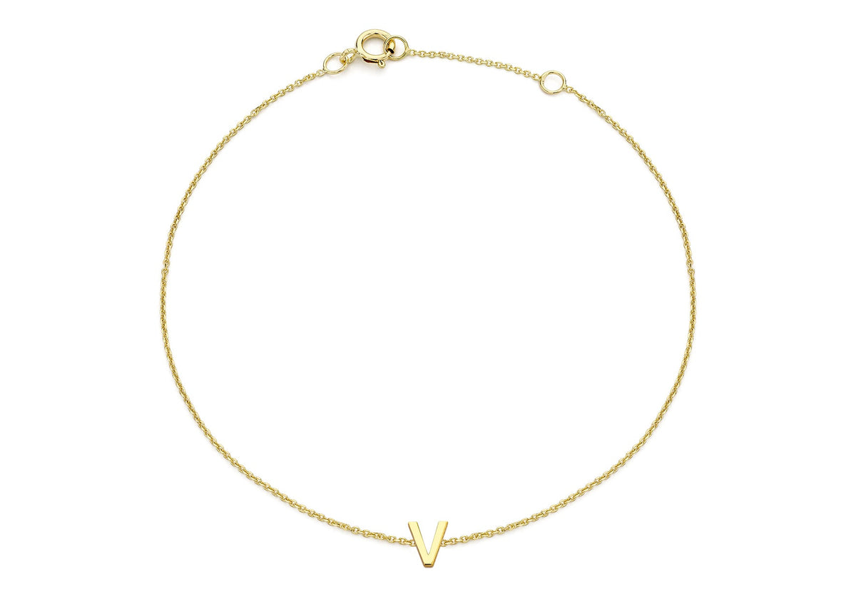 9ct Yellow Gold Mini Initial V Adjustable Bracelet