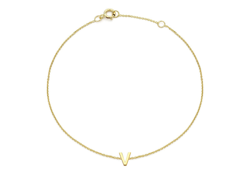9ct Yellow Gold Mini Initial V Adjustable Bracelet
