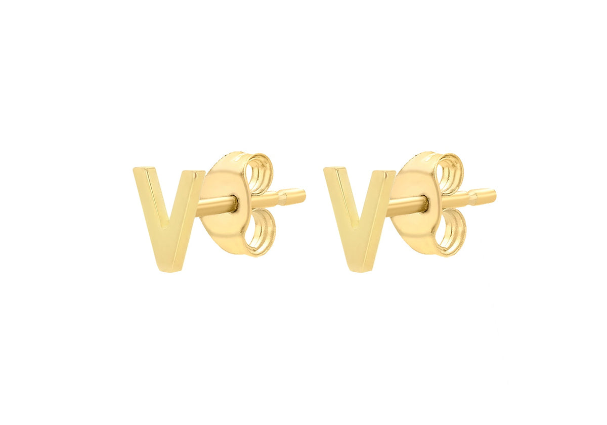 9ct Yellow Gold Mini Initial V Stud Earrings — side