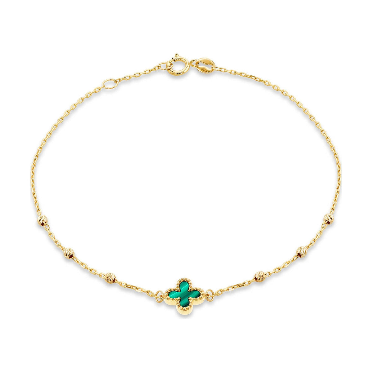 9ct Yellow Gold Natural Malachite Clover and Bead Bracelet