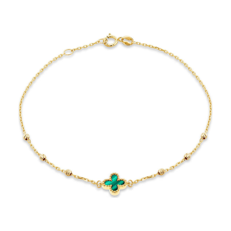 9ct Yellow Gold Natural Malachite Clover and Bead Bracelet