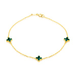 9ct Yellow Gold Natural Malachite Three Clover Station Bracelet