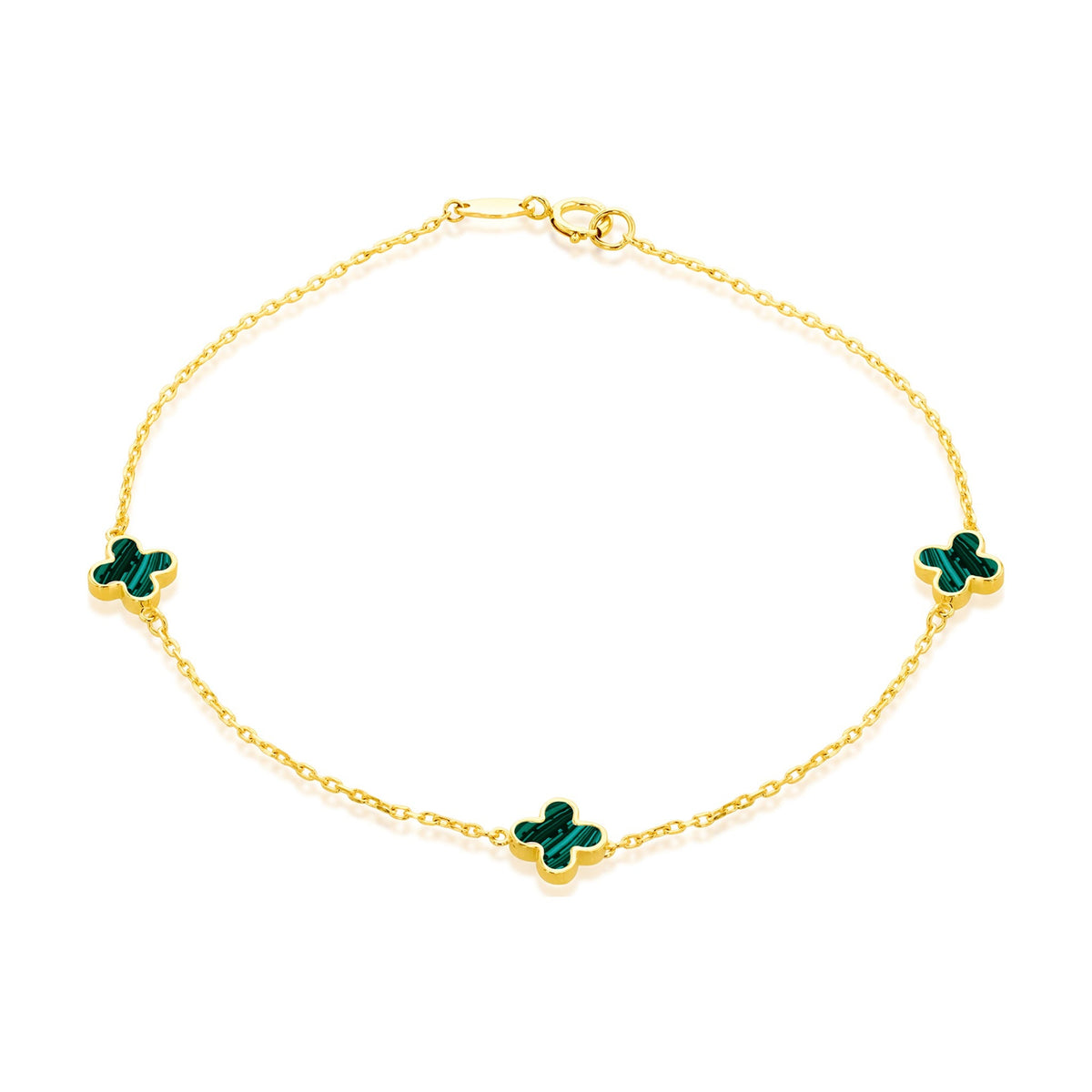 9ct Yellow Gold Natural Malachite Three Clover Station Bracelet