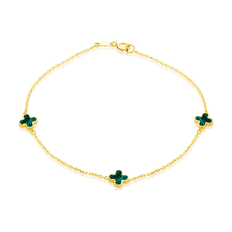 9ct Yellow Gold Natural Malachite Three Clover Station Bracelet