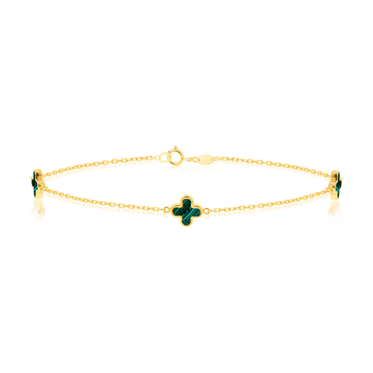9ct Yellow Gold Natural Malachite Three Clover Station Bracelet