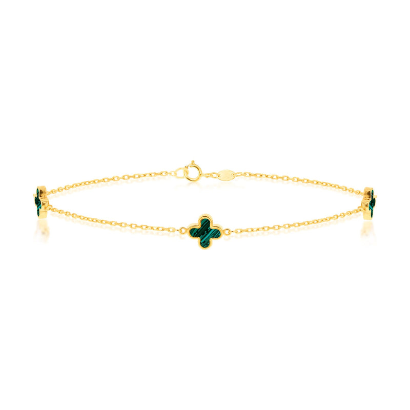 9ct Yellow Gold Natural Malachite Three Clover Station Bracelet