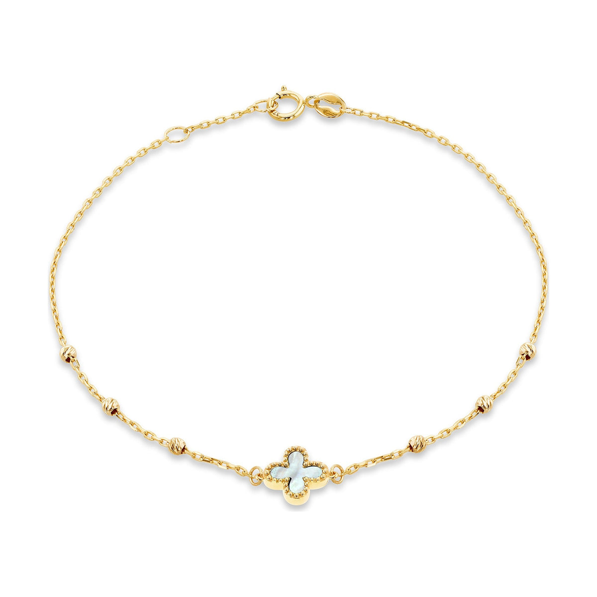 9ct Yellow Gold Natural Mother of Pearl Clover and Bead Bracelet
