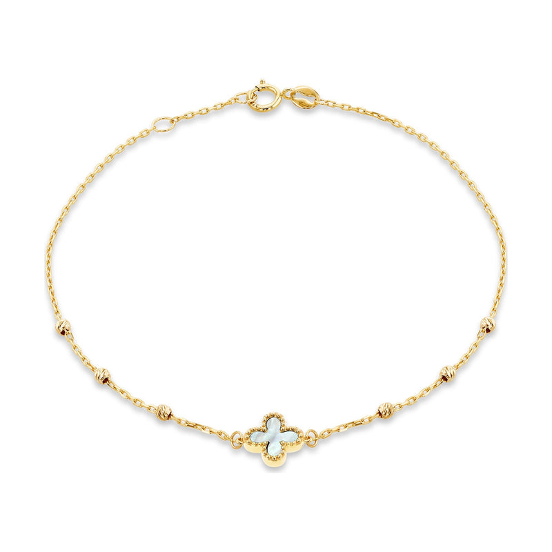 9ct Yellow Gold Natural Mother of Pearl Clover and Bead Bracelet