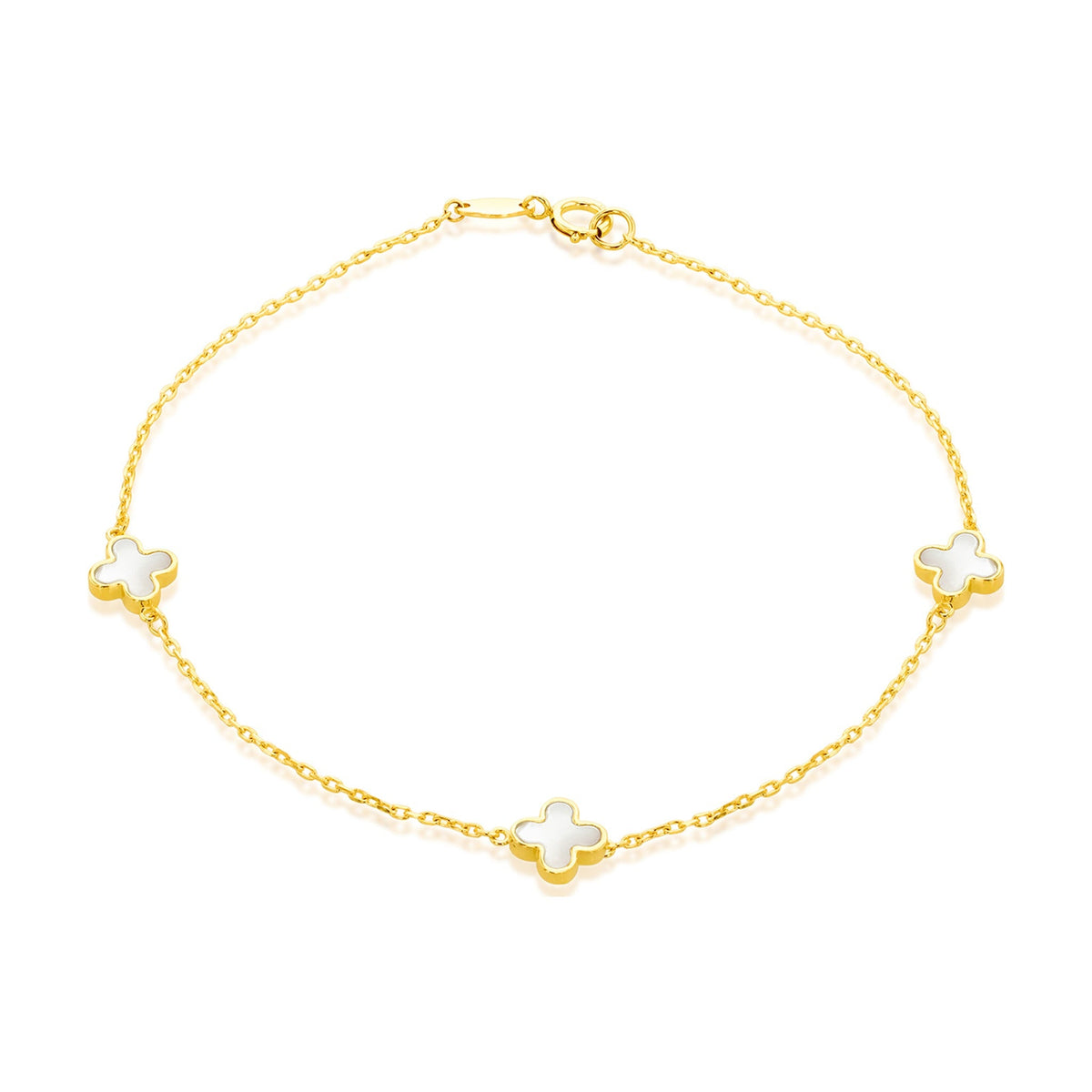 9ct Yellow Gold Natural Mother of Pearl Three Clover Station Bracelet