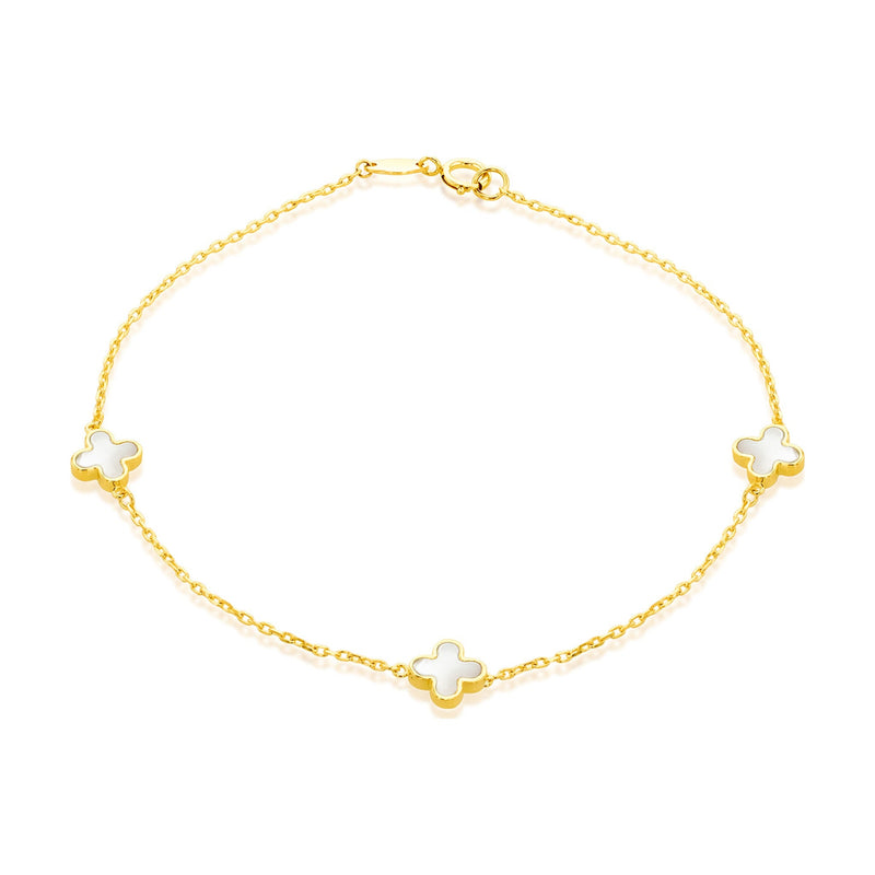 9ct Yellow Gold Natural Mother of Pearl Three Clover Station Bracelet