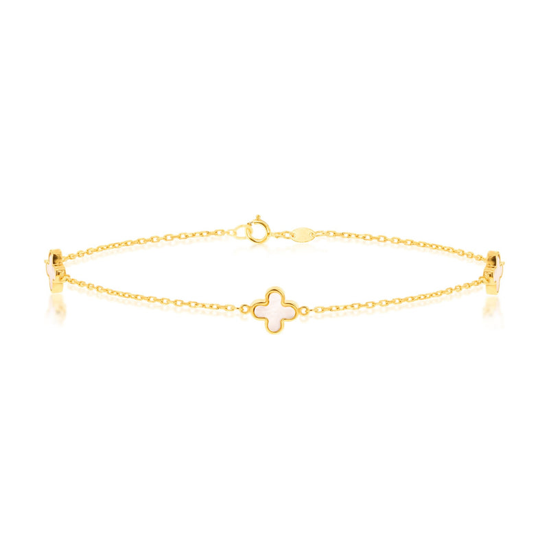 9ct Yellow Gold Natural Mother of Pearl Three Clover Station Bracelet