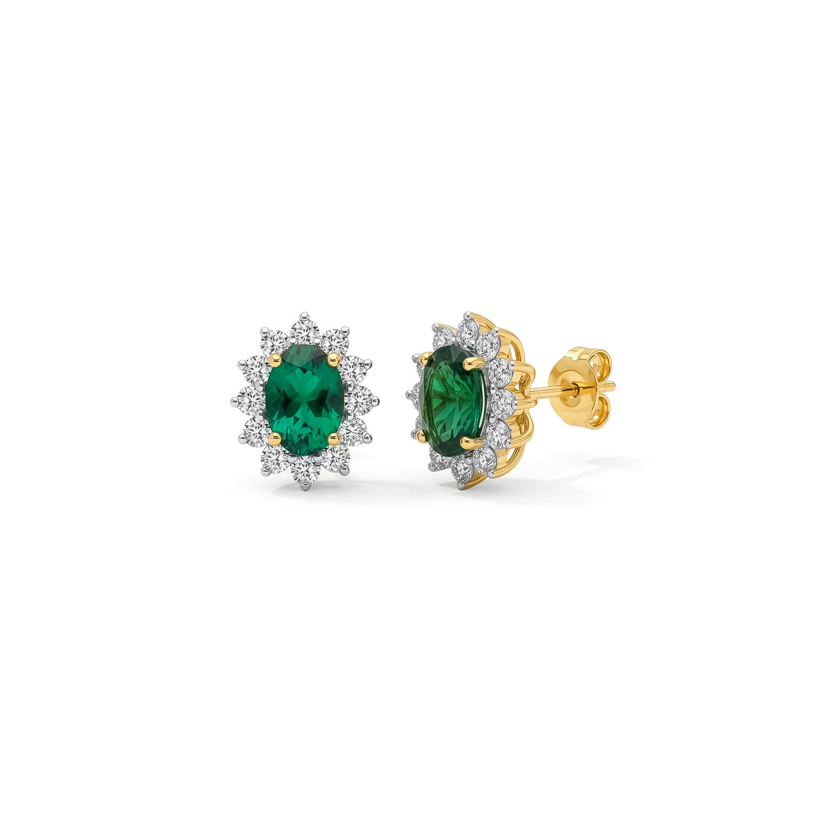 9ct Yellow Gold Oval Lab Emerald and Diamond Halo Cluster Stud Earrings