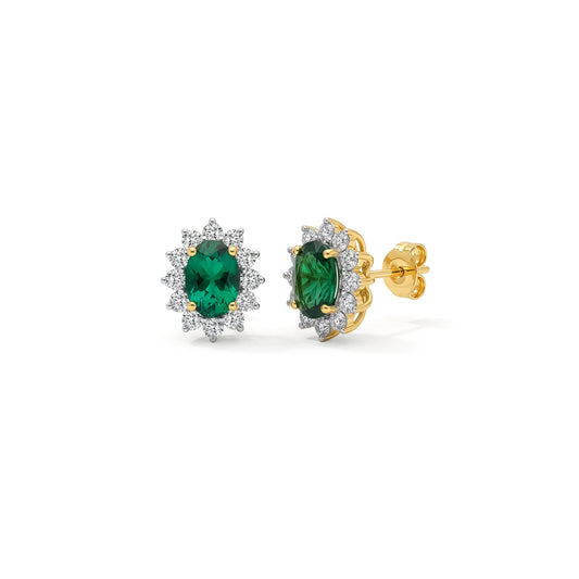 9ct Yellow Gold Oval Lab Emerald and Diamond Halo Cluster Stud Earrings