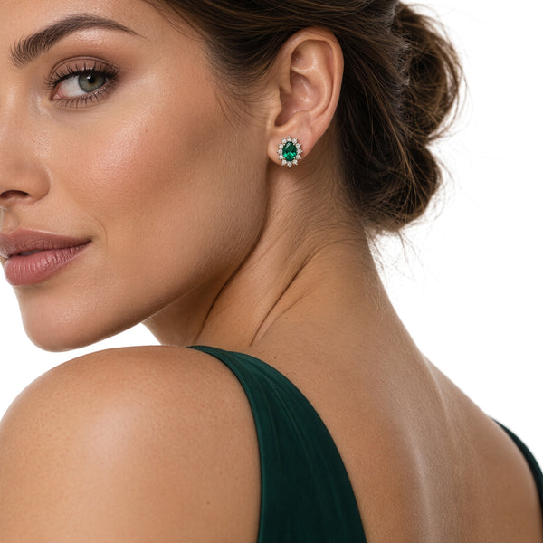 9ct Yellow Gold Oval Lab Emerald and Diamond Halo Cluster Stud Earrings