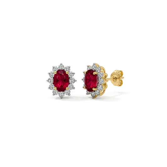 9ct Yellow Gold Oval Lab Ruby and Diamond Halo Cluster Stud Earrings