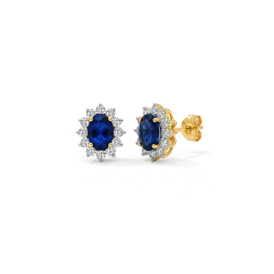 9ct Yellow Gold Oval Lab Sapphire and Diamond Halo Cluster Stud Earrings