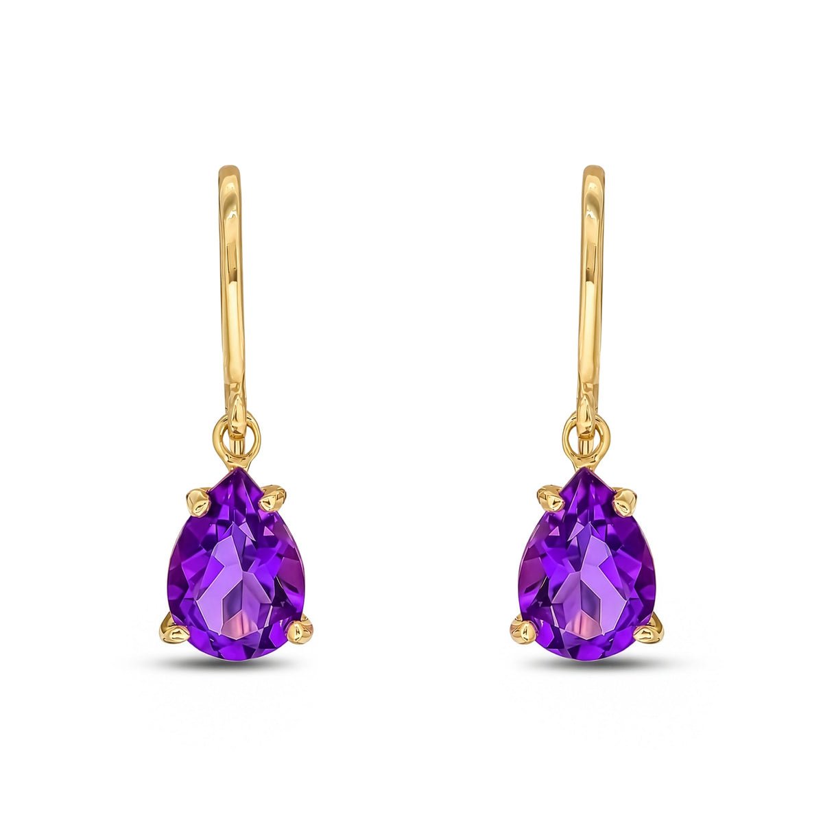 9ct Yellow Gold Pear Shaped Natural Amethyst Claw Hook Drop Earrings