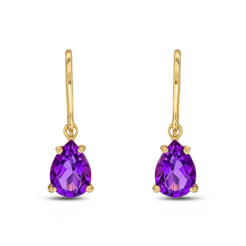 9ct Yellow Gold Pear Shaped Natural Amethyst Claw Hook Drop Earrings