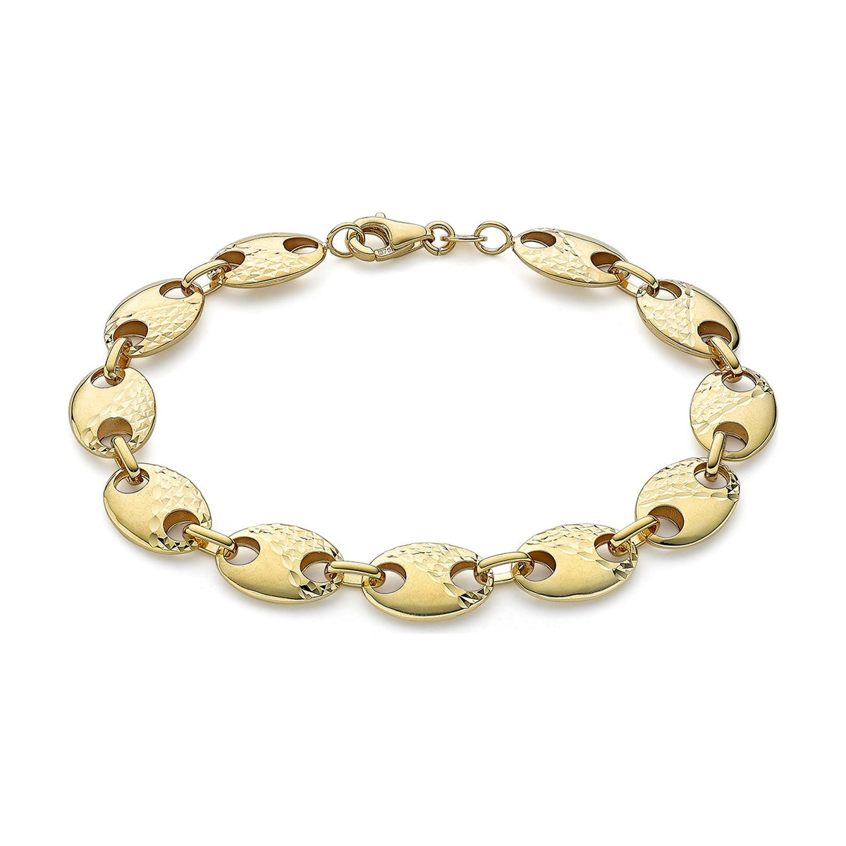 9ct Yellow Gold Puffed Half Diamond Cut Mariner Link Bracelet — 8.5mm