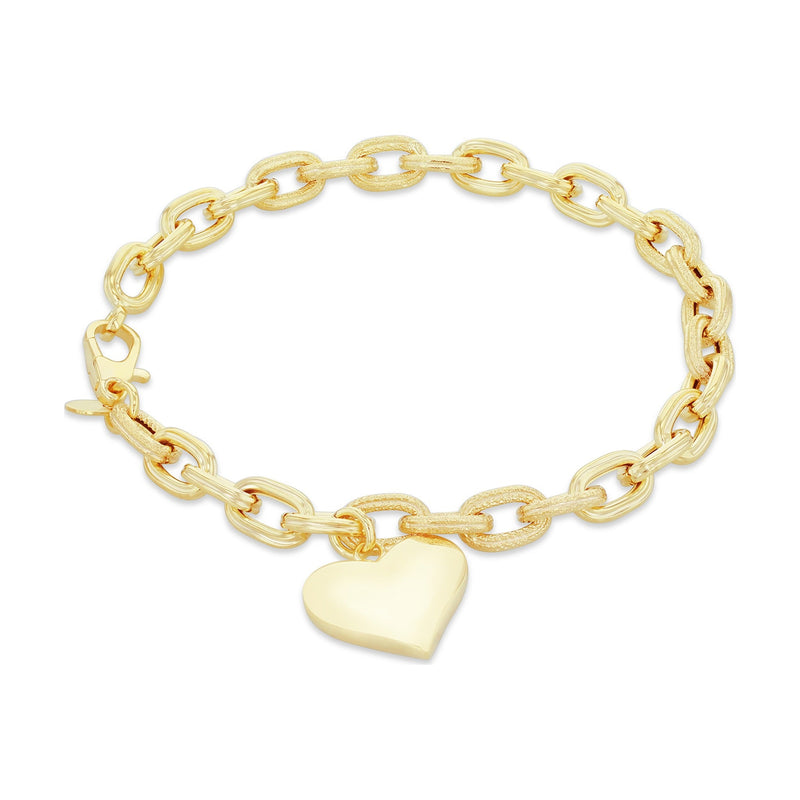 9ct Yellow Gold Textured Oval Link Bracelet with Heart Charm