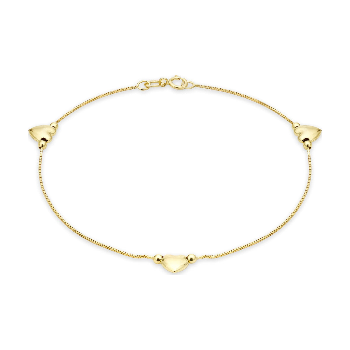 9ct Yellow Gold Three Heart Box Chain Bracelet
