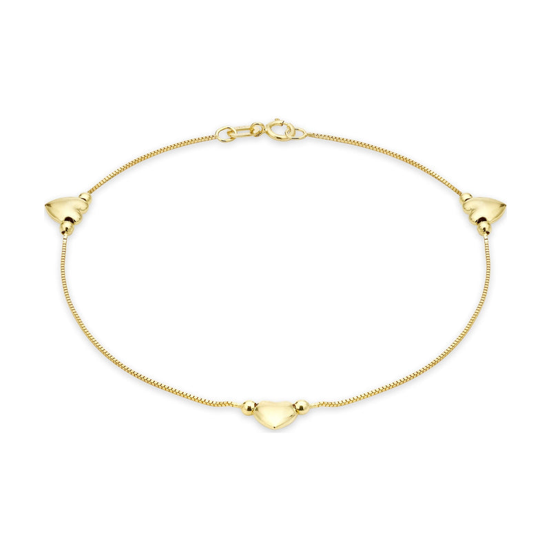 9ct Yellow Gold Three Heart Box Chain Bracelet
