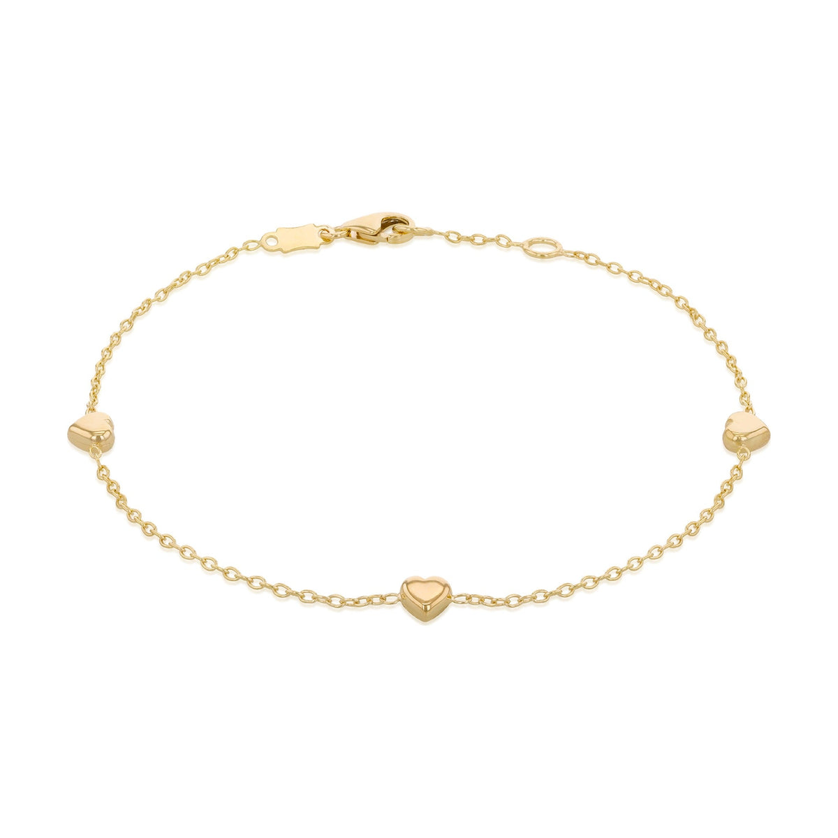 9ct Yellow Gold Three Heart Station Bracelet