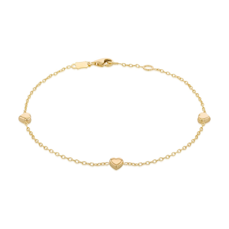 9ct Yellow Gold Three Heart Station Bracelet