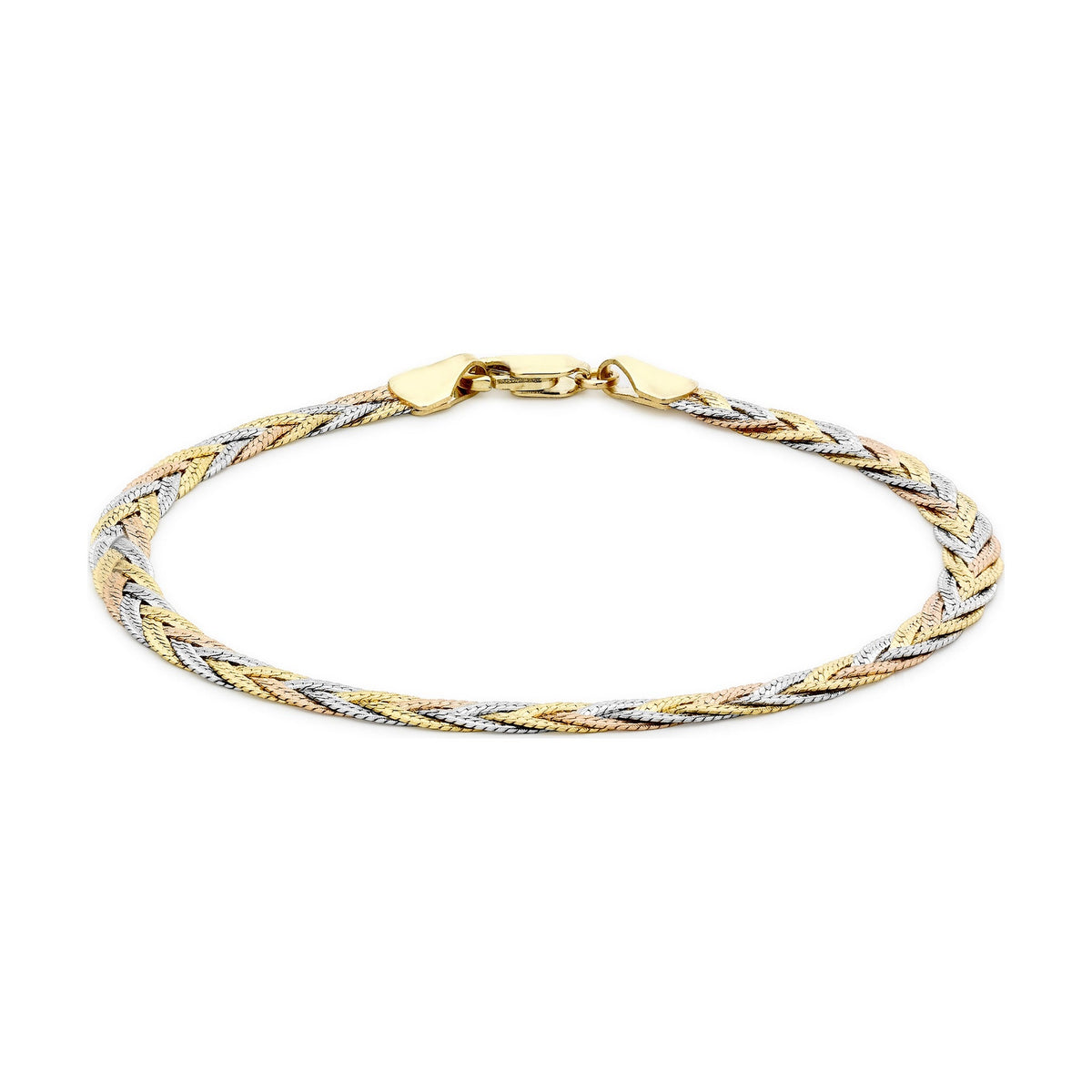 9ct Yellow, White and Rose Gold Three Plait Textured Herringbone Bracelet — 3mm