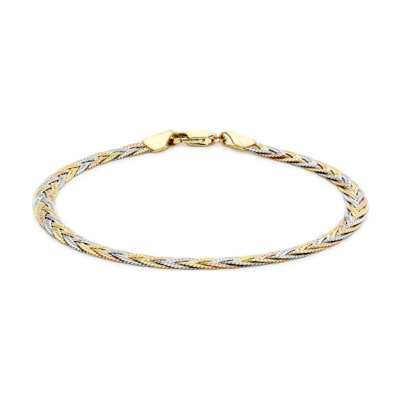 9ct Yellow, White and Rose Gold Three Plait Textured Herringbone Bracelet — 3mm