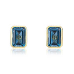 9ct Yellow Gold Octagonal Emerald Cut Natural London Blue Topaz Rubover Stud Earrings — 7x5mm