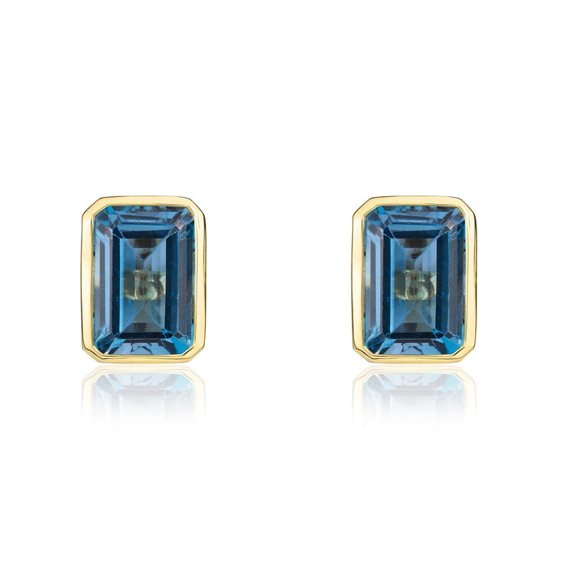 9ct Yellow Gold Octagonal Emerald Cut Natural London Blue Topaz Rubover Stud Earrings — 7x5mm