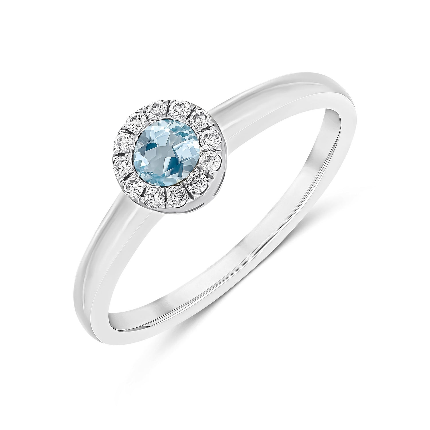 18ct White Gold Round Natural Aquamarine and Diamond Halo Cluster Ring — 4mm
