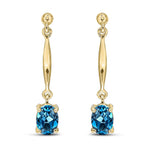 9ct Yellow Gold Oval Natural London Blue Topaz Claw Bar Drop Earrings — 7x5mm