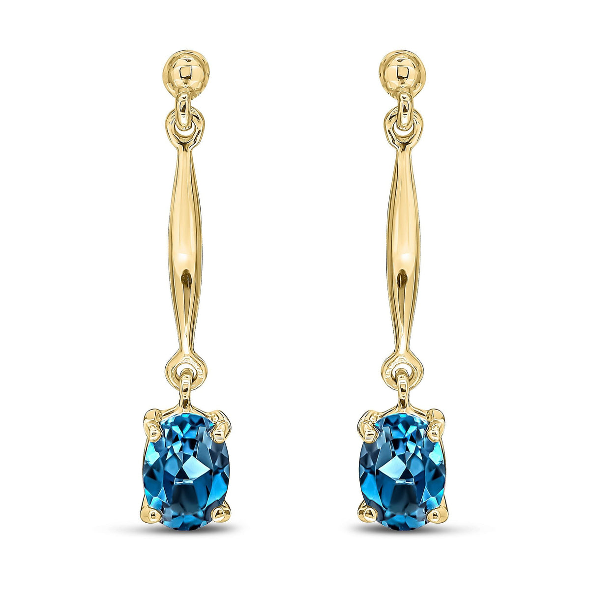 9ct Yellow Gold Oval Natural London Blue Topaz Claw Bar Drop Earrings — 7x5mm