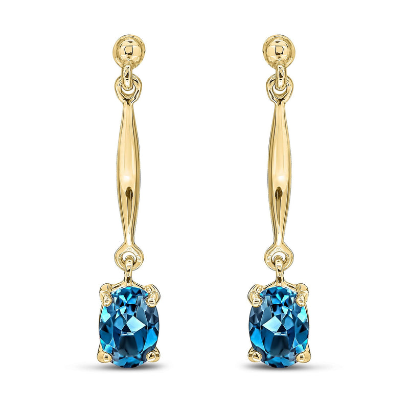 9ct Yellow Gold Oval Natural London Blue Topaz Claw Bar Drop Earrings — 7x5mm