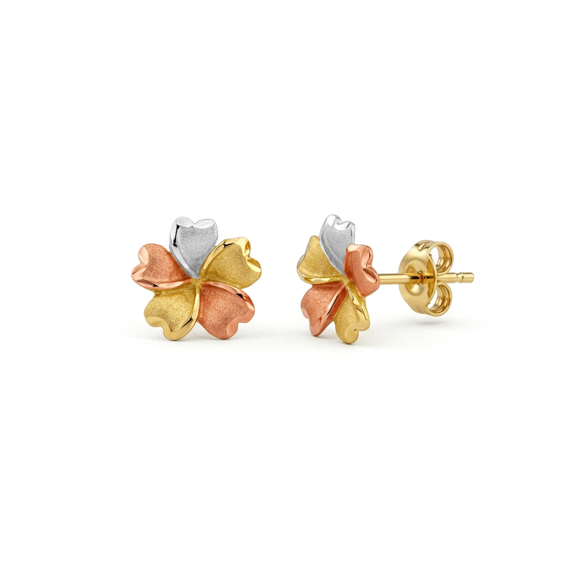 9ct Three Tone Yellow, White and Rose Gold Satin and Polished Five Petal Flower Stud Earrings — 9.4mm