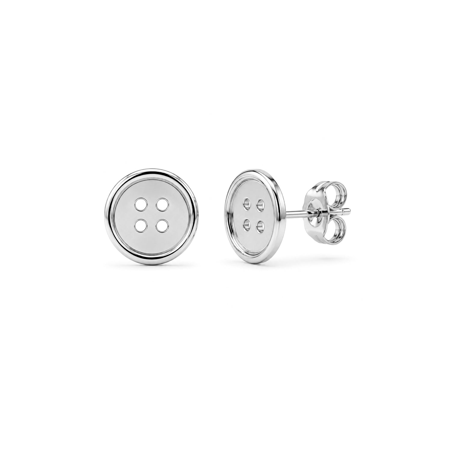 9ct White Gold Polished Button Disc Stud Earrings with Four-Hole Detail