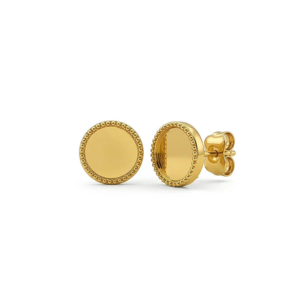 9ct Yellow Gold Beaded Edge Round Circle Stud Earrings — 9mm